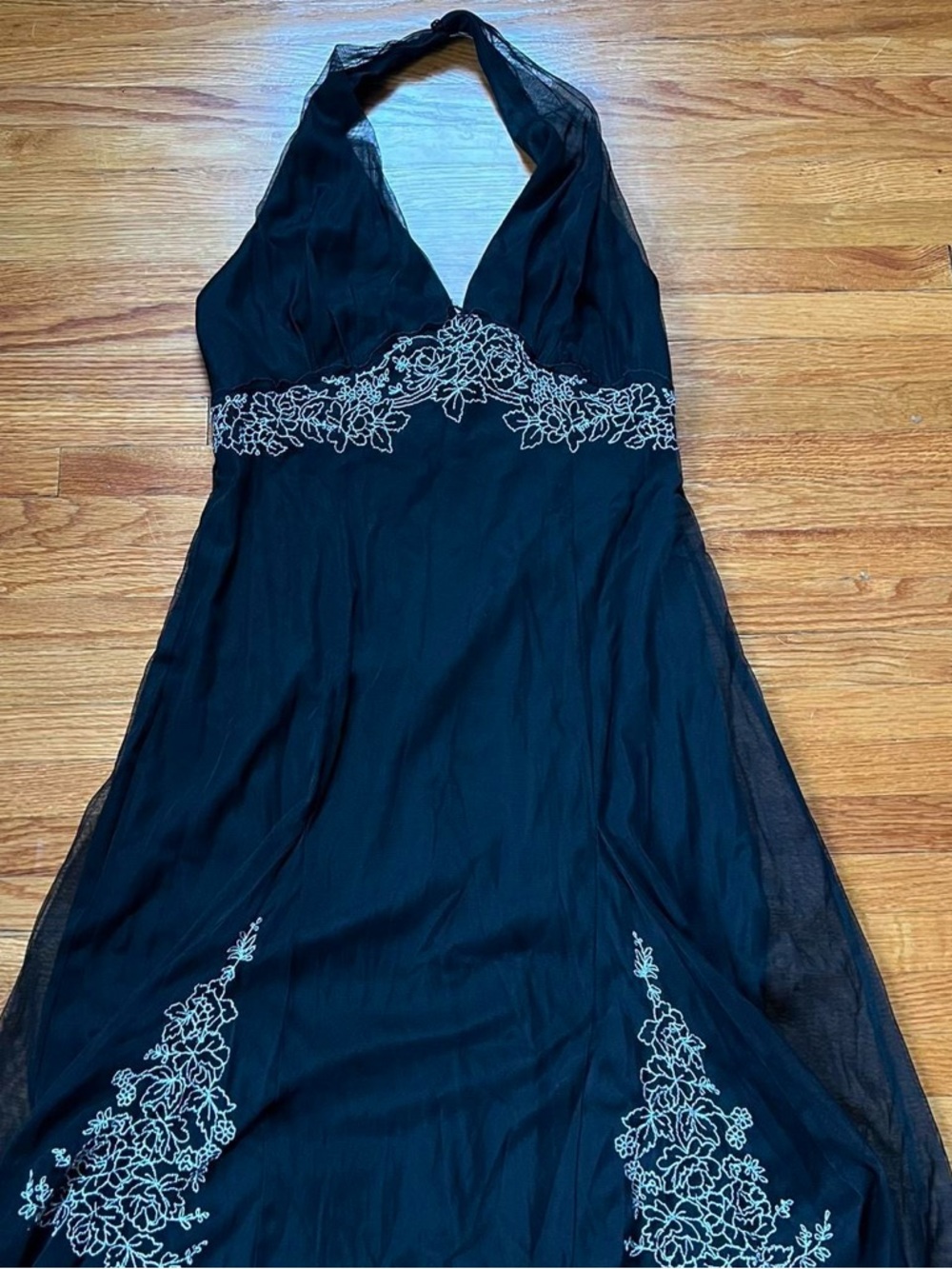 Vintage Y2K Black Halter Mini Dress with white floral embroidery